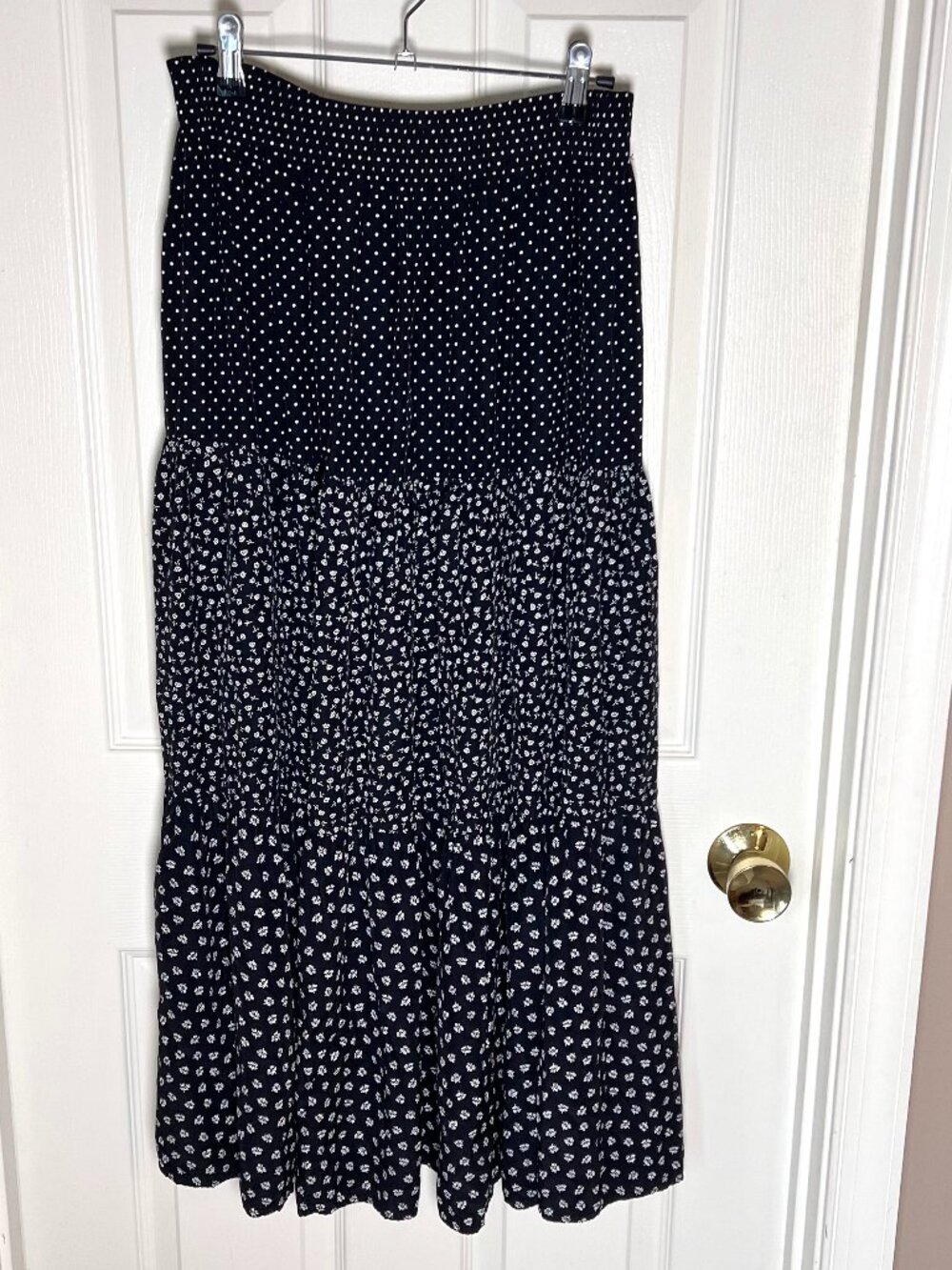 Vintage 90's Black Mixed Print A-Line Midi Skirt Size S Witchy Moody Boho